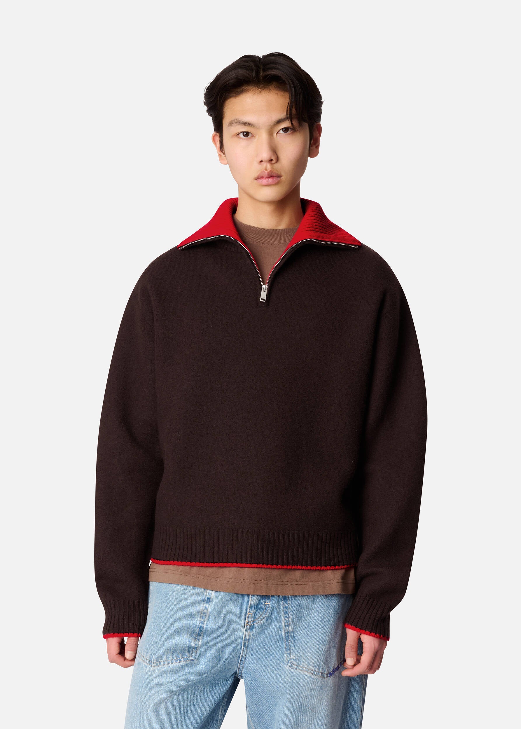 Trace Half Zip Sweater - Dark Brown/Red
