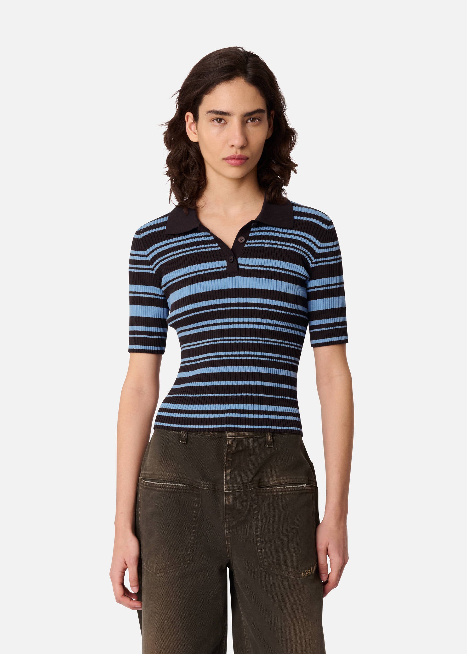 Anja Ribbed Polo Top - Dark Brown/Light Blue