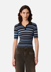 Anja Ribbed Polo Top - Dark Brown/Light Blue