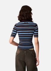 Anja Ribbed Polo Top - Dark Brown/Light Blue