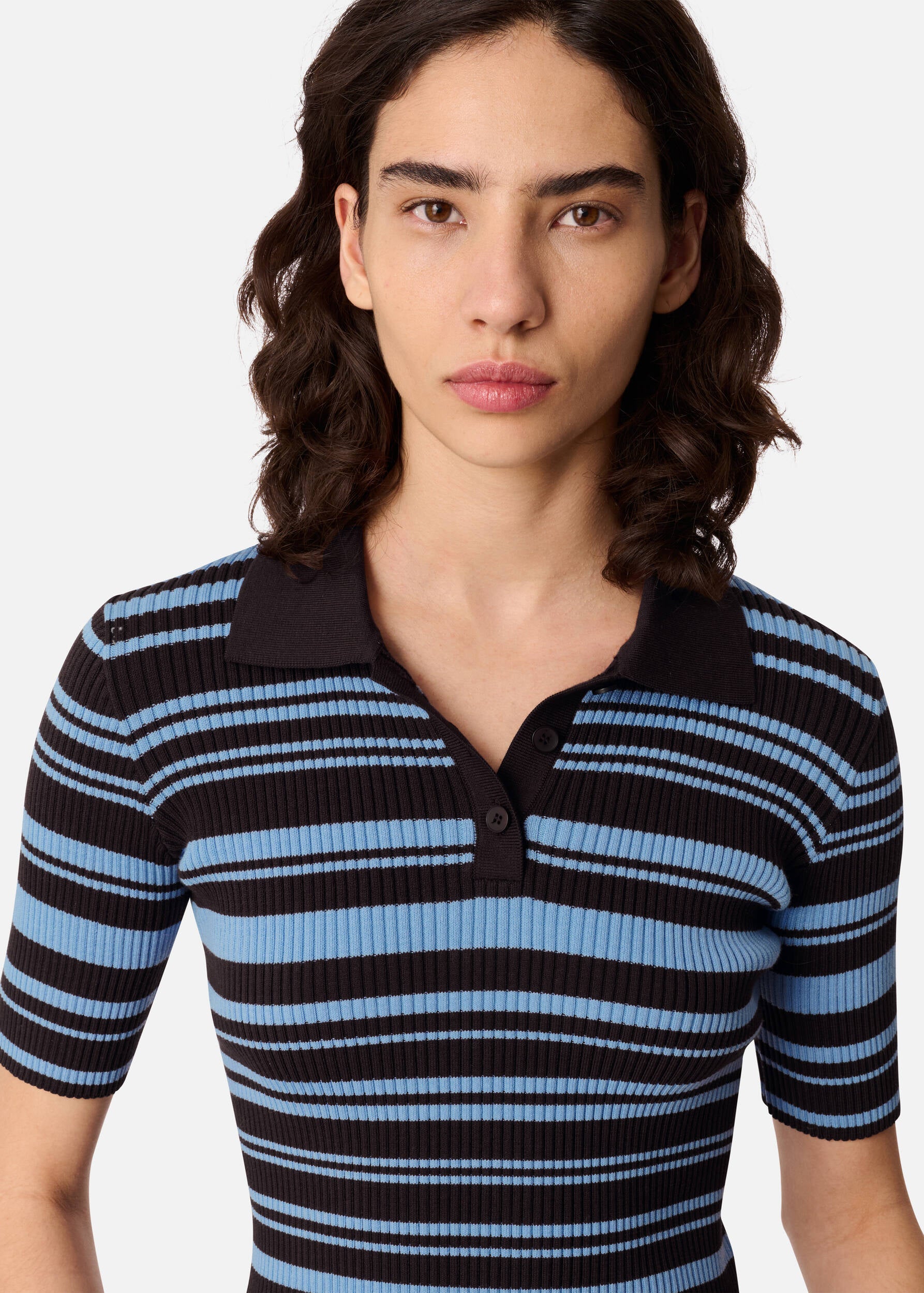 Anja Ribbed Polo Top - Dark Brown/Light Blue