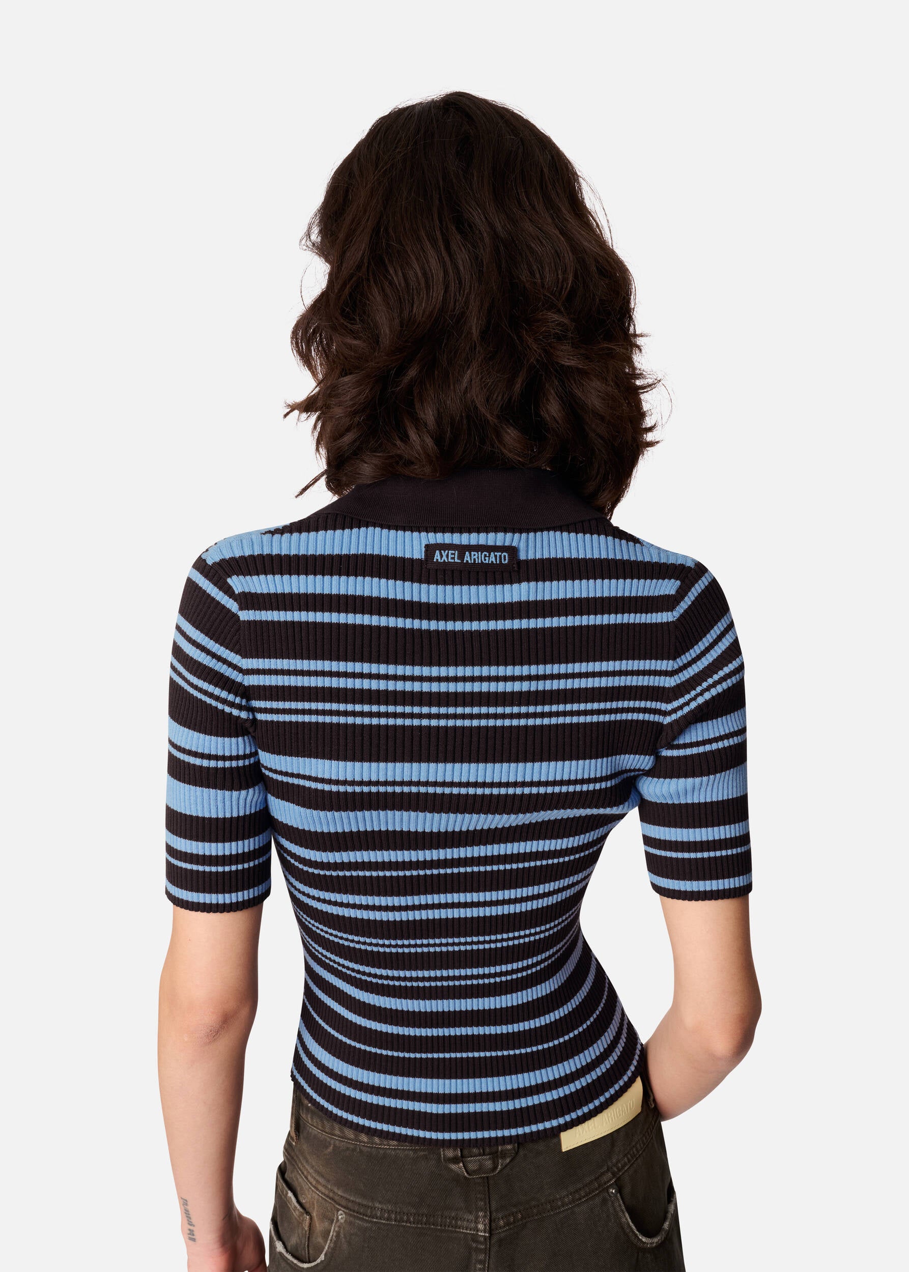 Anja Ribbed Polo Top - Dark Brown/Light Blue