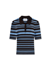 Anja Ribbed Polo Top - Dark Brown/Light Blue