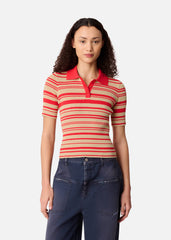 Anja Ribbed Polo Top - Red/Beige