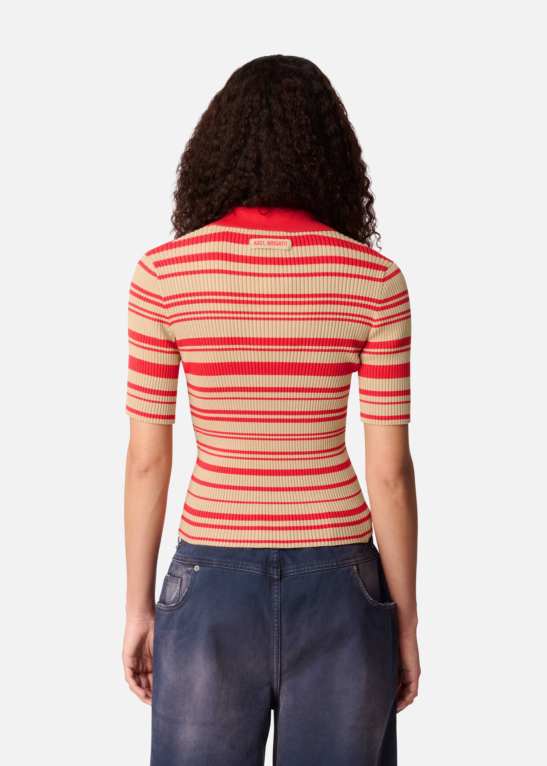 Anja Ribbed Polo Top - Red/Beige