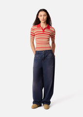 Anja Ribbed Polo Top - Red/Beige