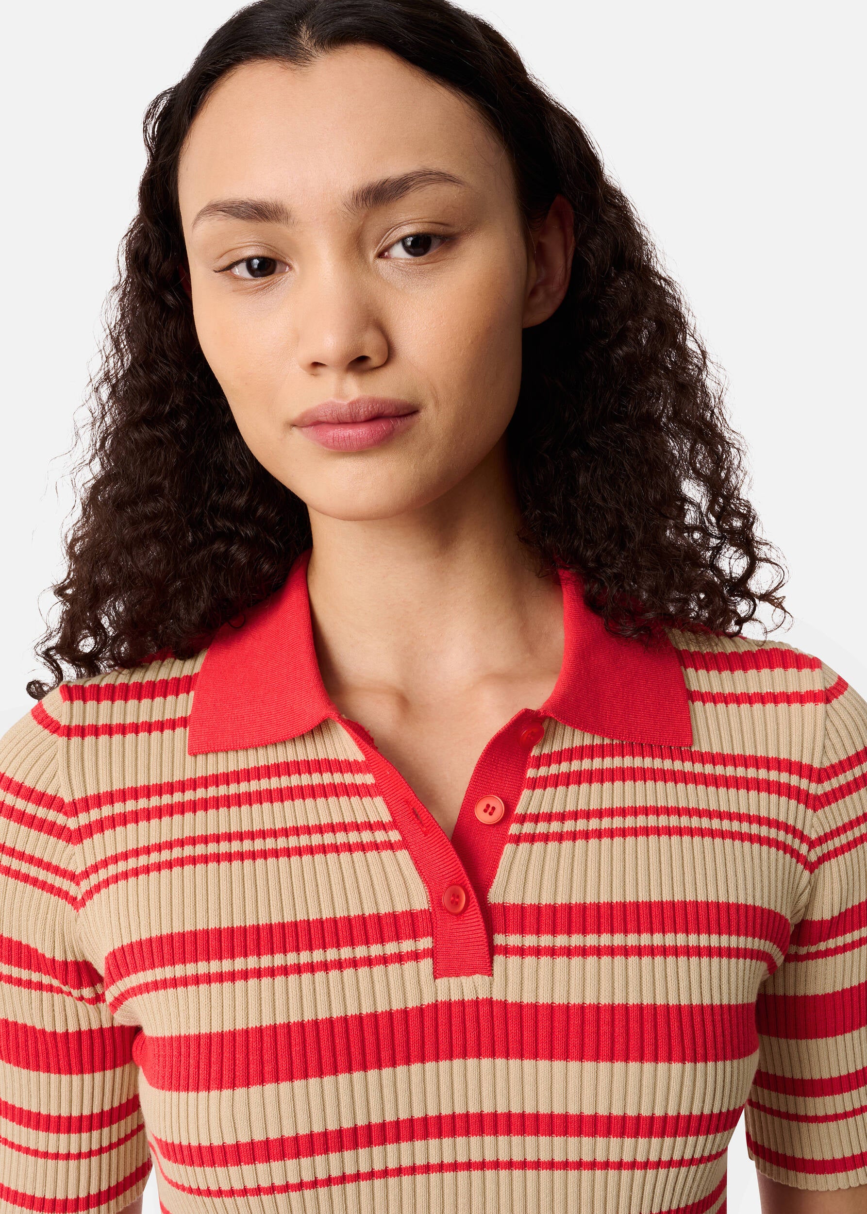 Anja Ribbed Polo Top - Red/Beige
