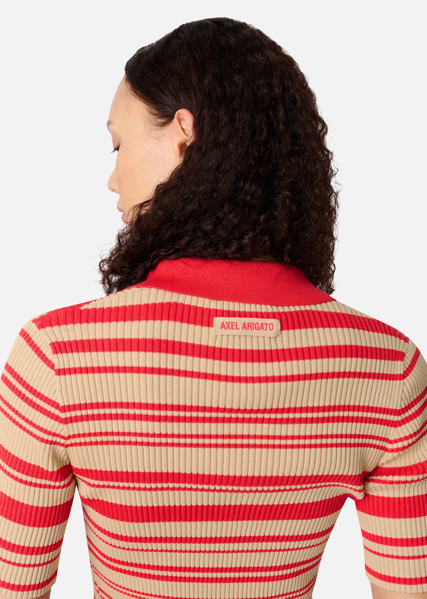 Anja Ribbed Polo Top - Red/Beige