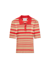 Anja Ribbed Polo Top - Red/Beige